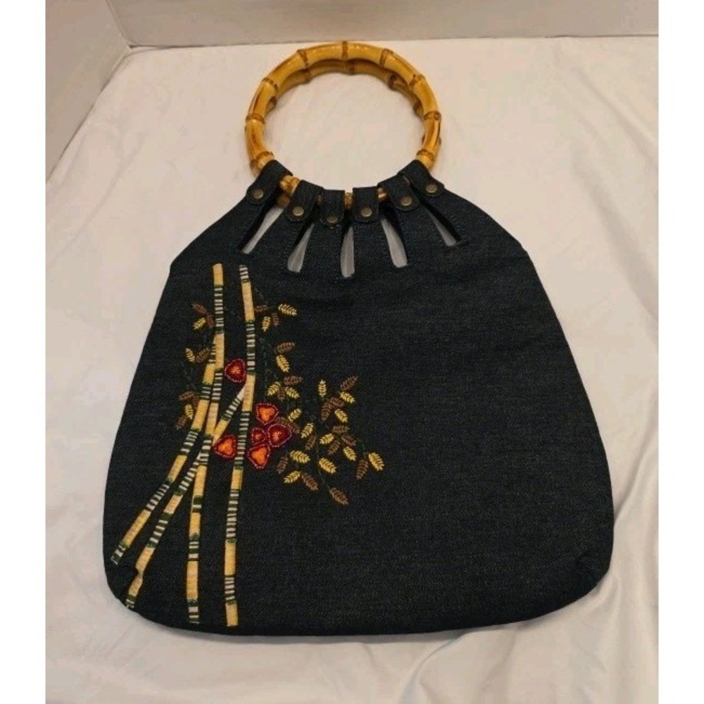 VTG Y2K Target Xhilaration Denim Handbag Bamboo O Ring Handle Embroidered Purse